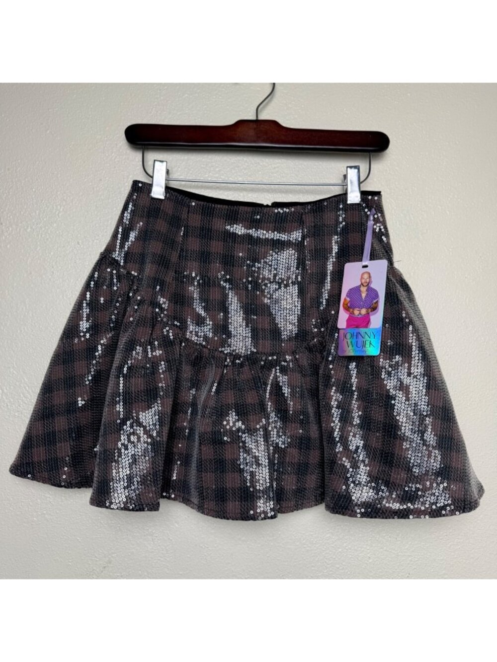 NWT Johnny Wujek Pink & Black Plaid Silver Sparkly Sequin Skirt Sz 5